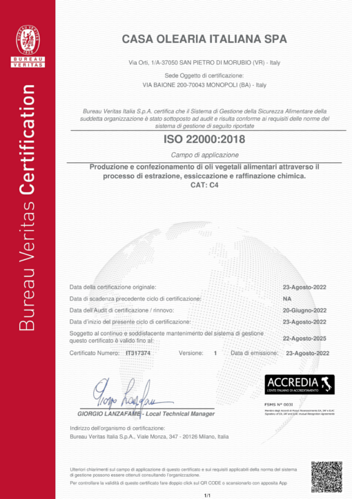 CASA OLEARIA ITALIANA SPA - ISO 22000 2018