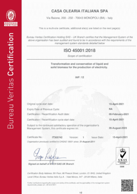 CASA OLEARIA ITALIANA SPA - ISO 45001 2018